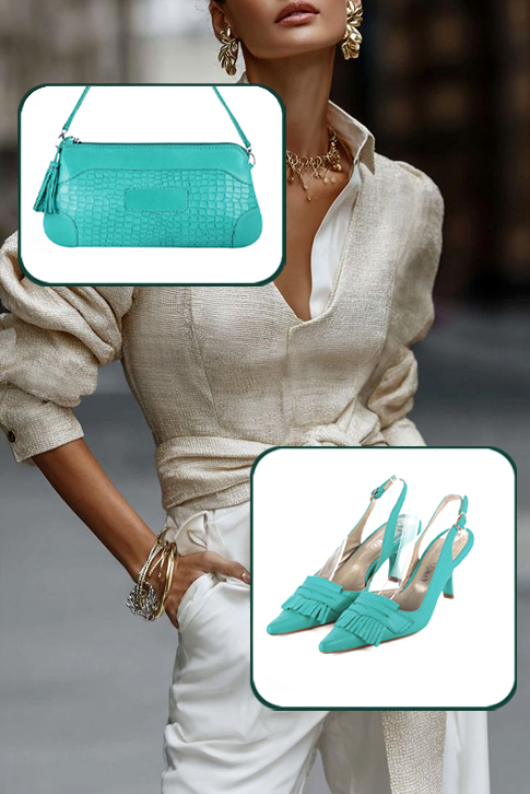Dress slingback heels in aquamarine blue leather with high spool heels and pointed toe - Top view